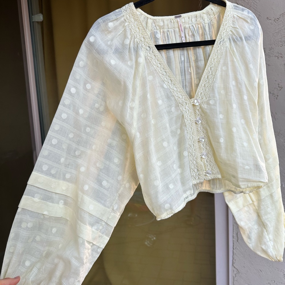 Free People Yellow Long Puff Sleeve Crop Blouse